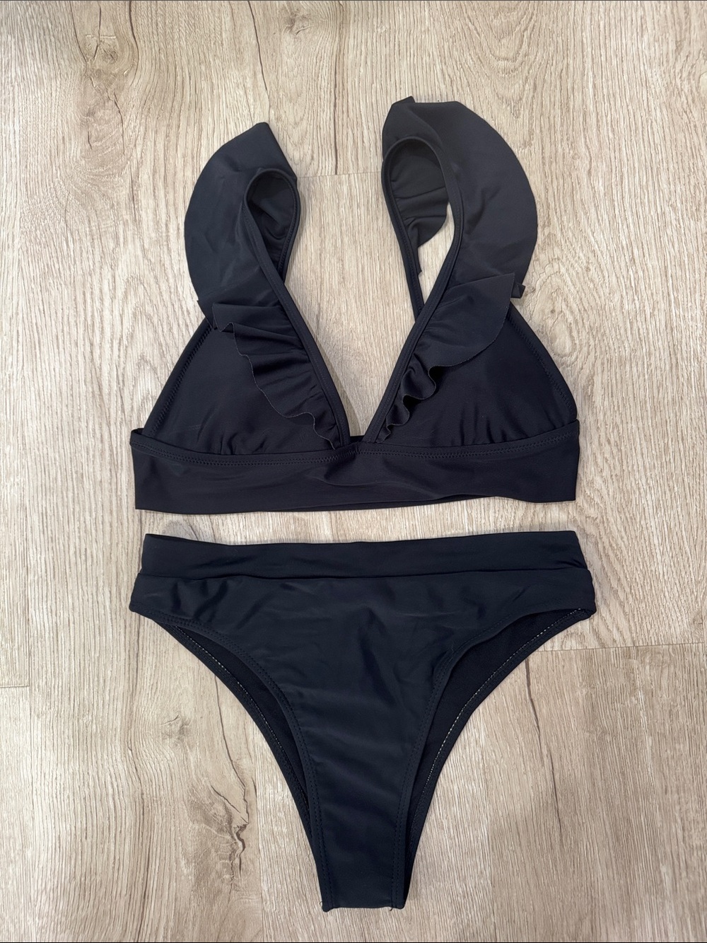 aerie Black Ruffle V-Neck Bikini Set